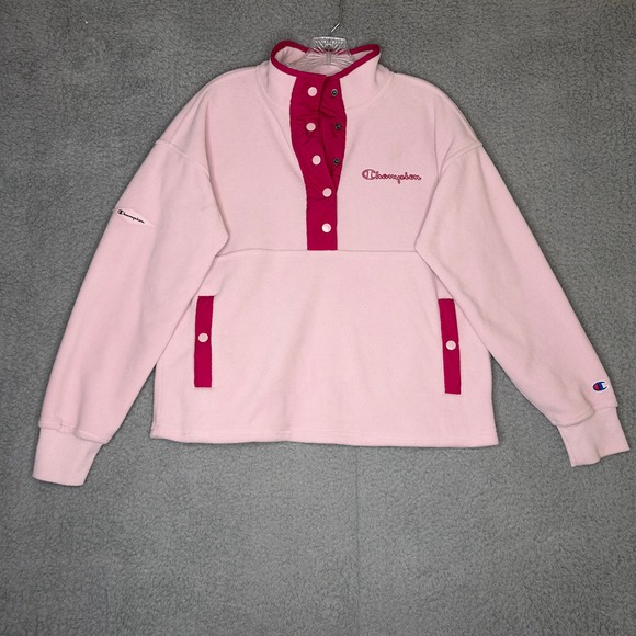 Champion Fleece Pullover Sweatshirt Pink Button Mock Neck Women's Medium - Picture 1 of 6